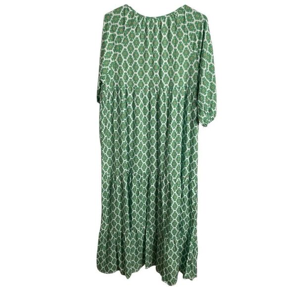 Retro Womens Maxi Dress L Green Geometric Fleur Tiered Skirt 3/4 Sleeve Vacation - Picture 2 of 5